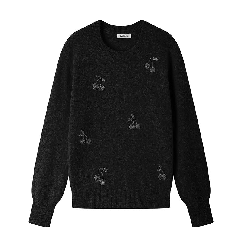High-quality embroidered alpaca wool sweater with round neckline and long sleeves