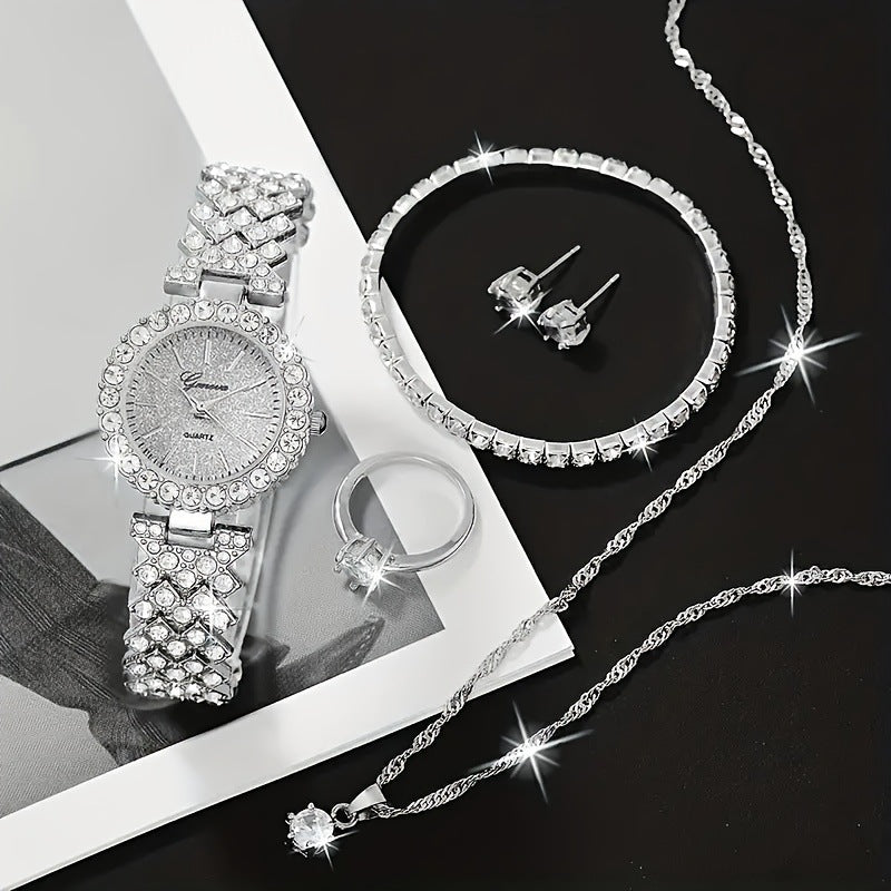 5pcs/set watch set, niche fashion, versatile, steel strap watch, earring necklace, bracelet, ring set