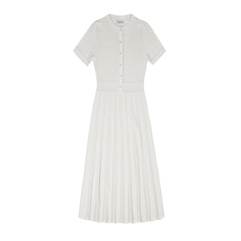 Elegant knit dress with round neckline, short sleeves, and mid-length with high-quality drawstring