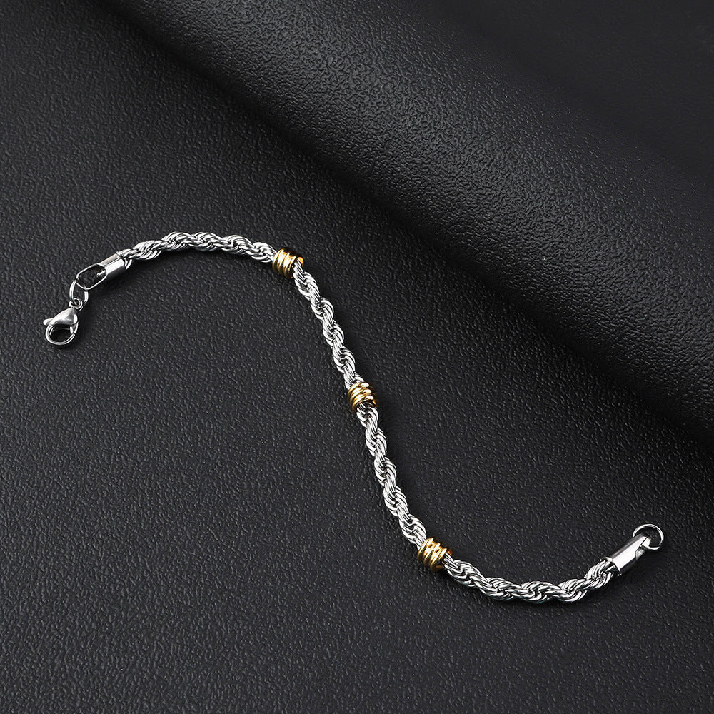 Cross border stainless steel Fried Dough Twists chain string gold bead necklace titanium steel long necklace men's simple 5.0mm Fried Dough Twists bracelet