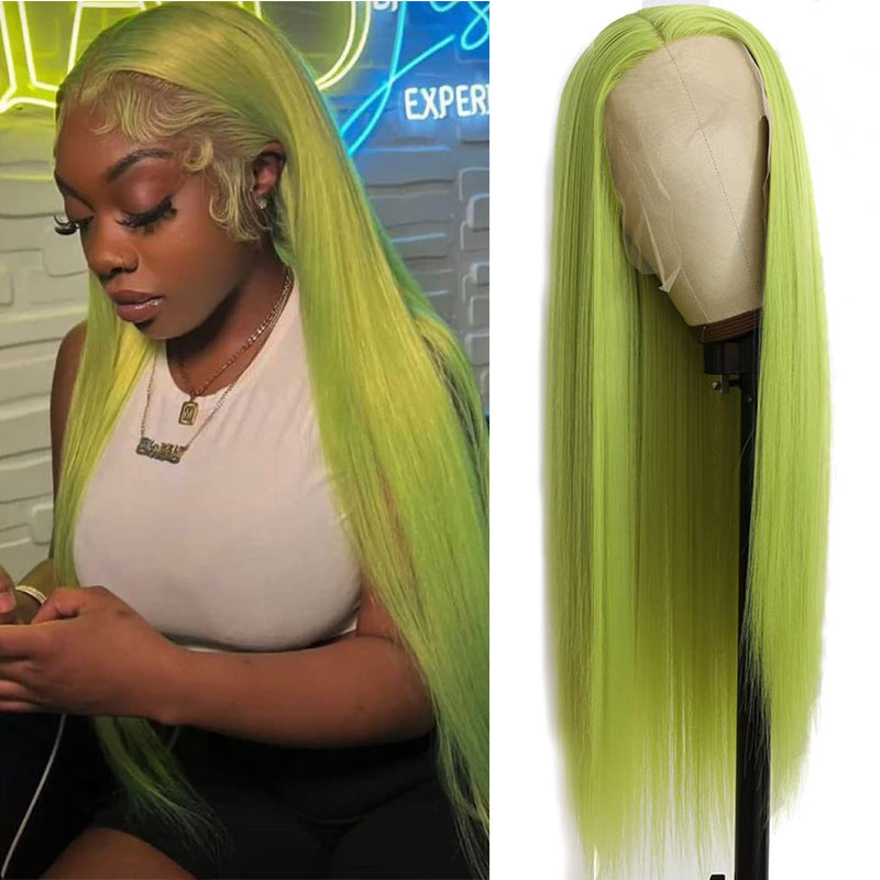 Amazon Cross border European and American Fashion Front Lace Wig Green Medium Split Long Straight Hair African Hot Selling Synthetic Headset