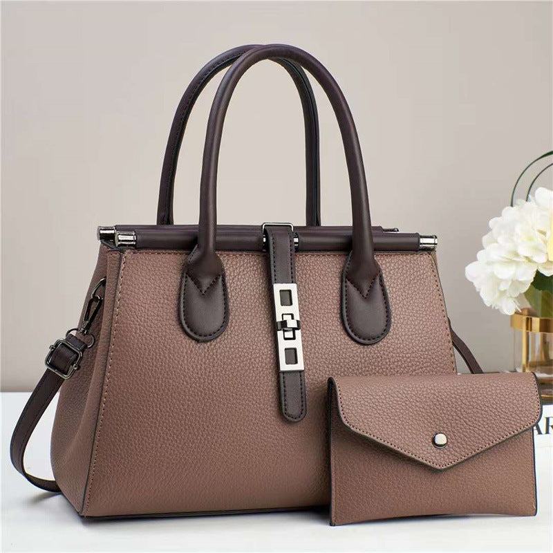 Trendy Bag 2025 New Color Contrasting Handbag Women's Lock Lock Design Texture Large Capacity Shoulder Bag Two Piece Set