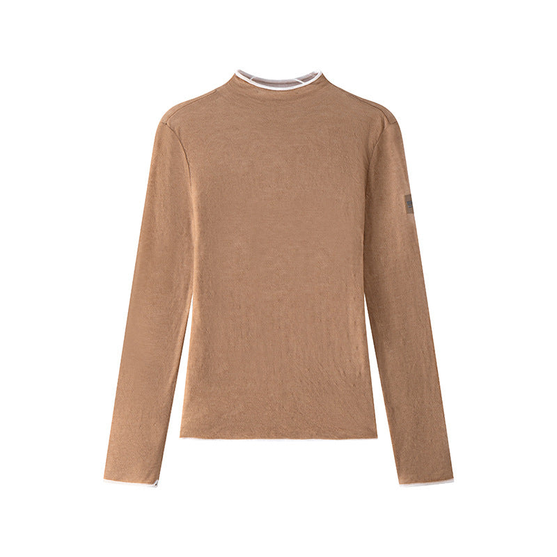 Stylish B0SS wool knit sweater with high neck, long sleeves, contrasting colors, and high-quality slim fit