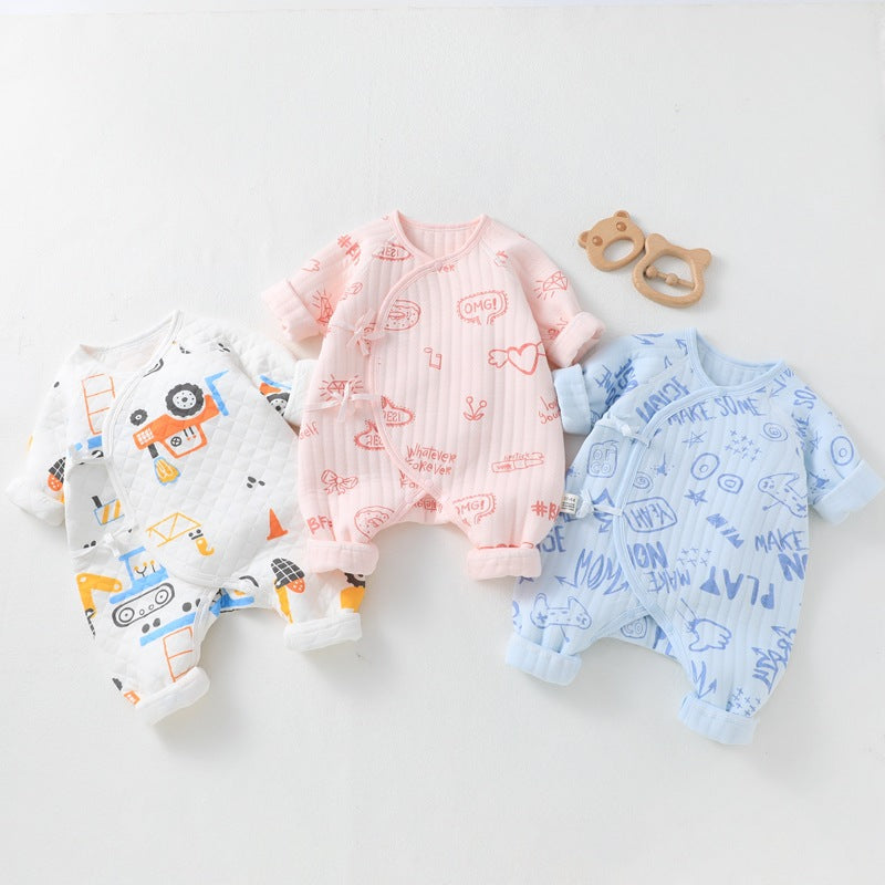 Newborn three-layer warm jumpsuit for autumn and winter, thickened initial baby clothes, pure cotton A-class baby clothes, butterfly clothes