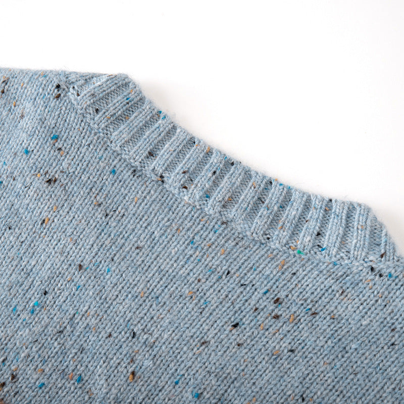 High-quality, stylish sweater with a round neckline, long sleeves, wool and mohair knit, striped, loose-fitting, and comfortable