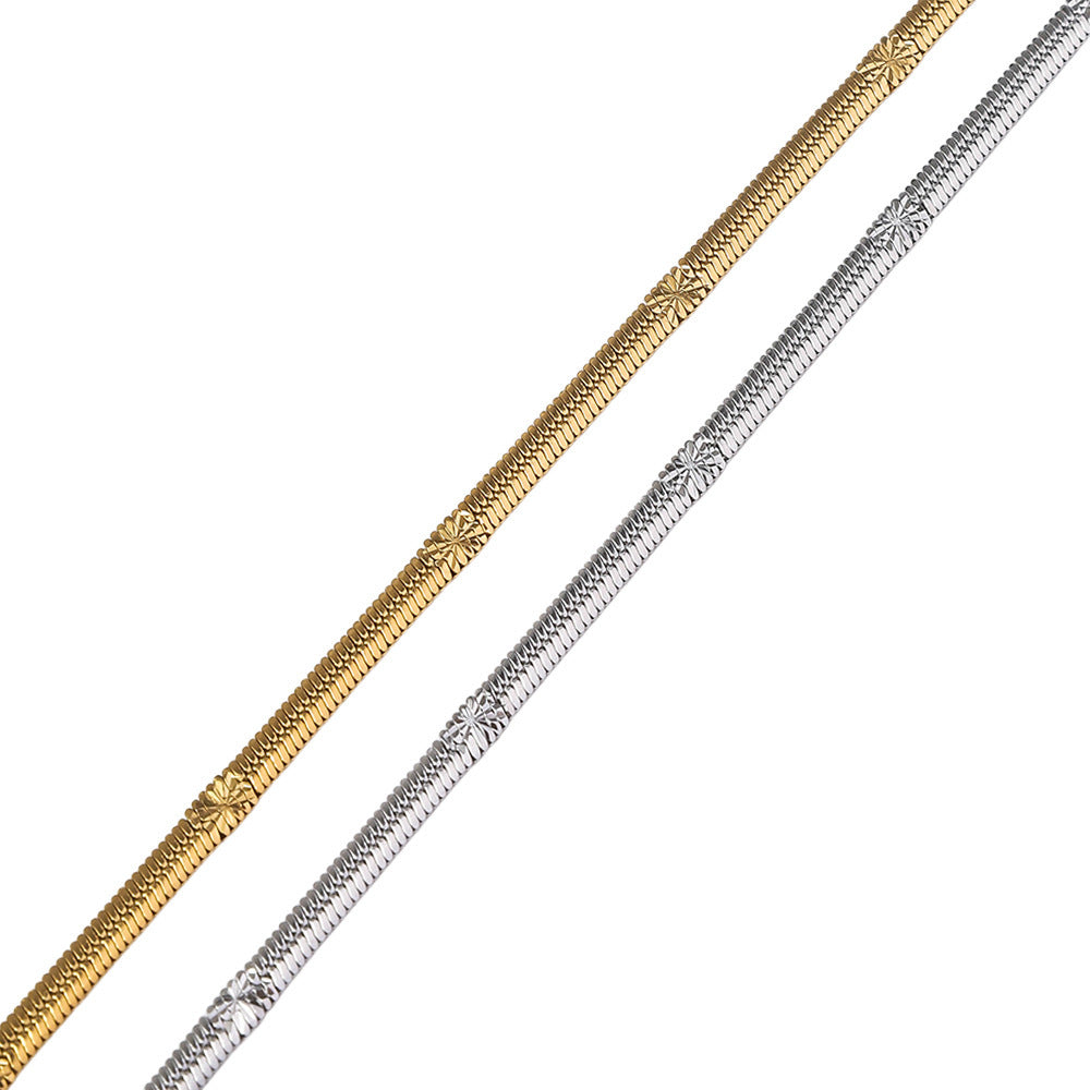 Cross border hot selling stainless steel embossed push button necklace for women, 18K real gold electroplated titanium steel batch flower push button chain in the furnace