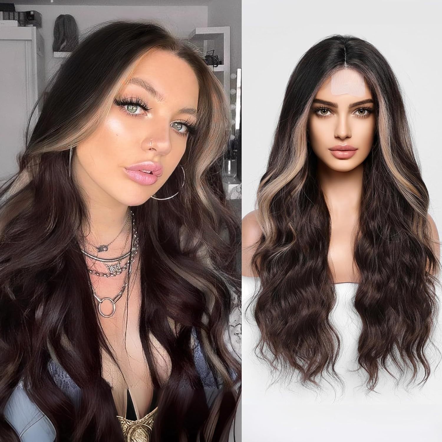 Amazon's new wig for women in Europe and America, front lace synthetic headband, small lace, medium split, long curly hair wigs