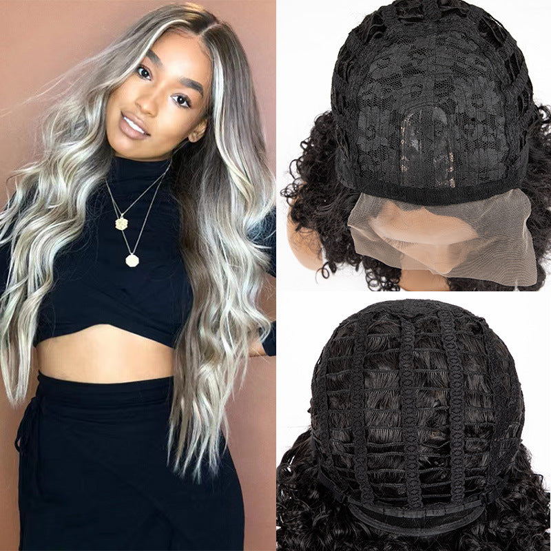 European and American wigs, synthetic hair tips, gradient dyeing, black and gold, medium split, large waves, long curly hair, factory direct sales