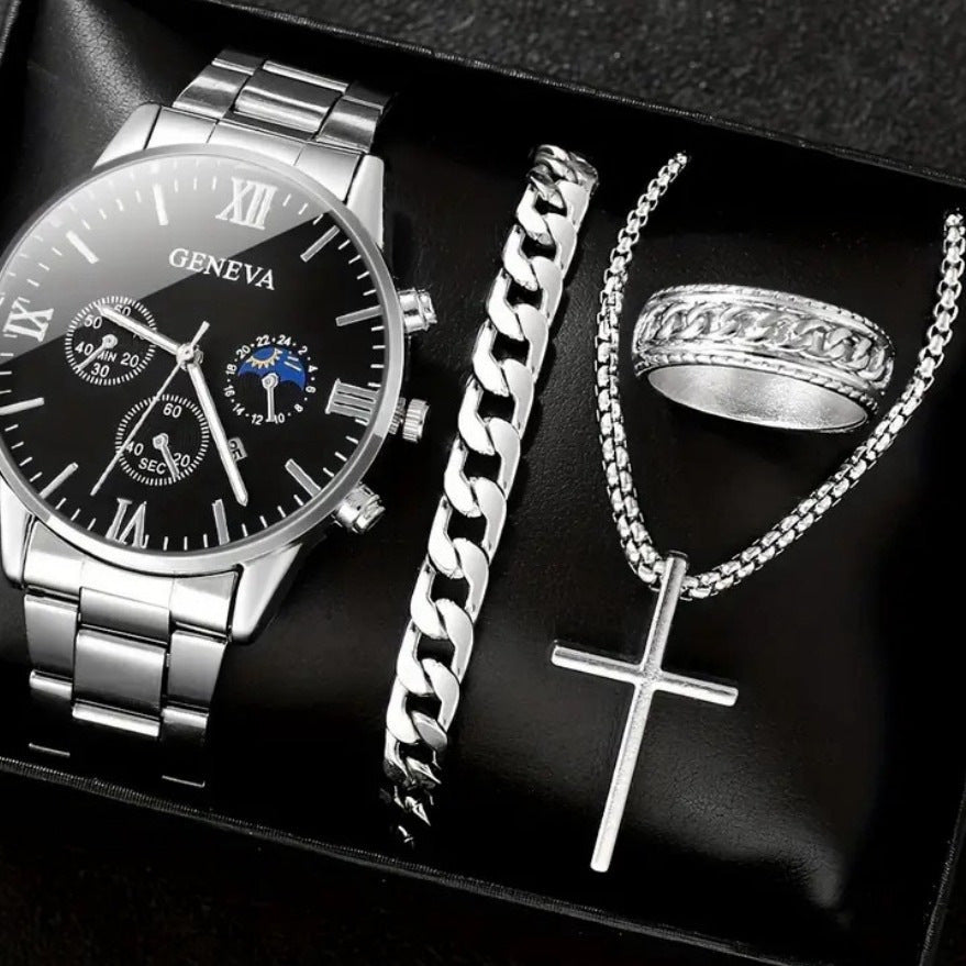 Men's Business Watch Fake Three Eye Calendar Roman Scale Quartz Watch Cross Necklace Bracelet Ring Set