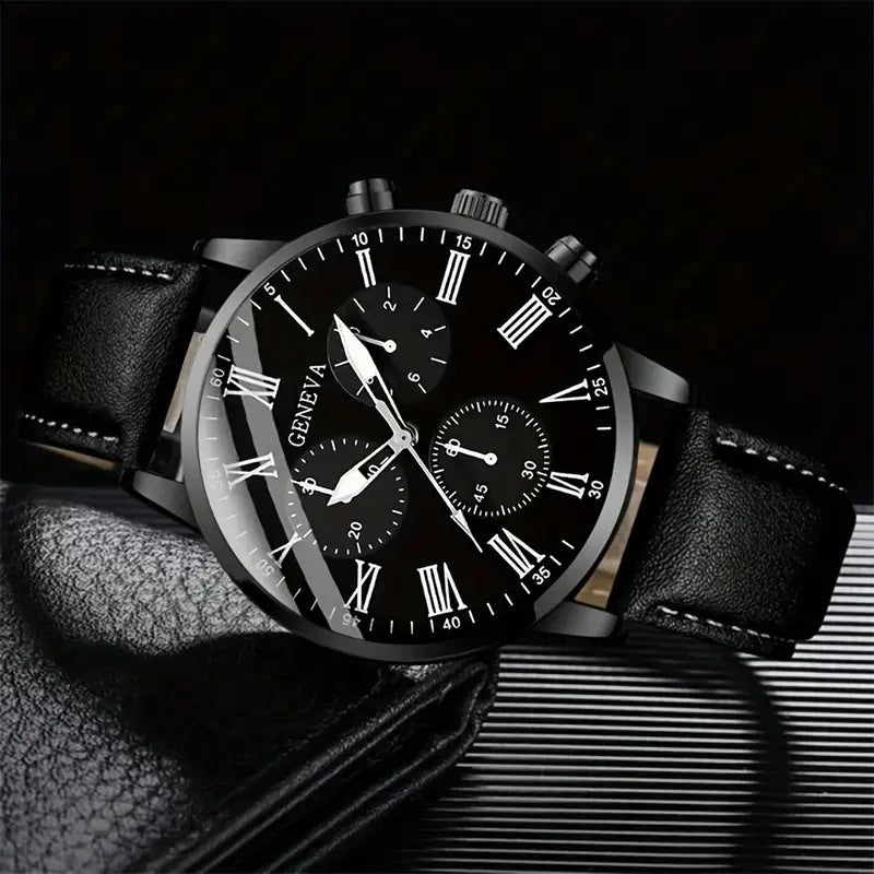 GENEVA Men's Belt Watch Ultra Thin and Simple Business Watch Set Men's One Piece dropshipping Cross border Hot Sale