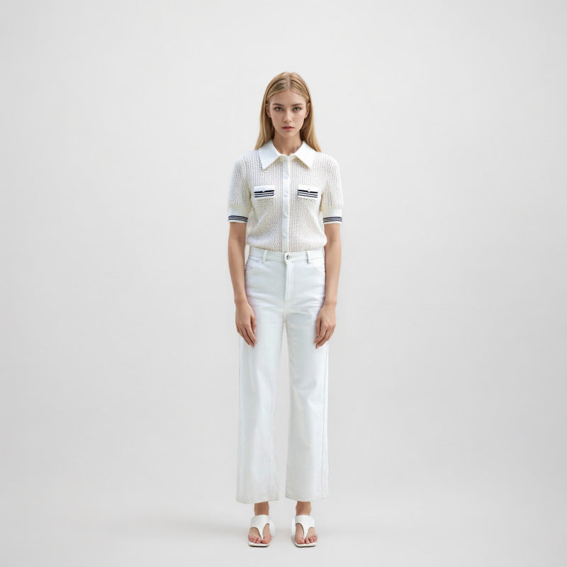 High-quality minimalist French-style white cotton shirt with short sleeves and buttons