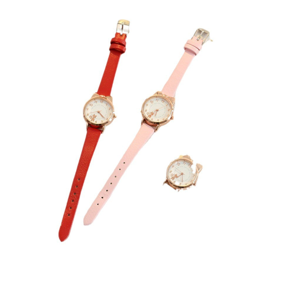Spot direct selling kitten pattern women's fashion watch PU with small scale student minimalist quartz watch set