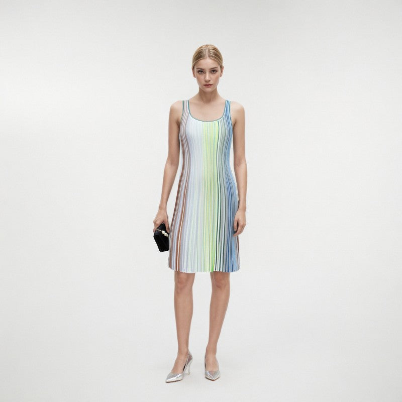 High-quality Italian fashion striped knit dress with round neckline, sleeveless, and A-line cut