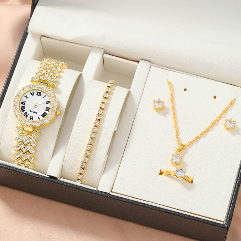 Cross border hot selling women's luxury full diamond compact five piece accessory set gift box versatile fashion quartz wrist watch