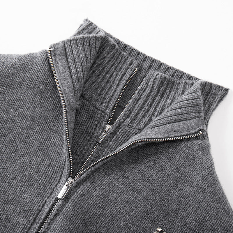 Elegant cashmere wool coat with high collar, long sleeves, and double zipper, high quality