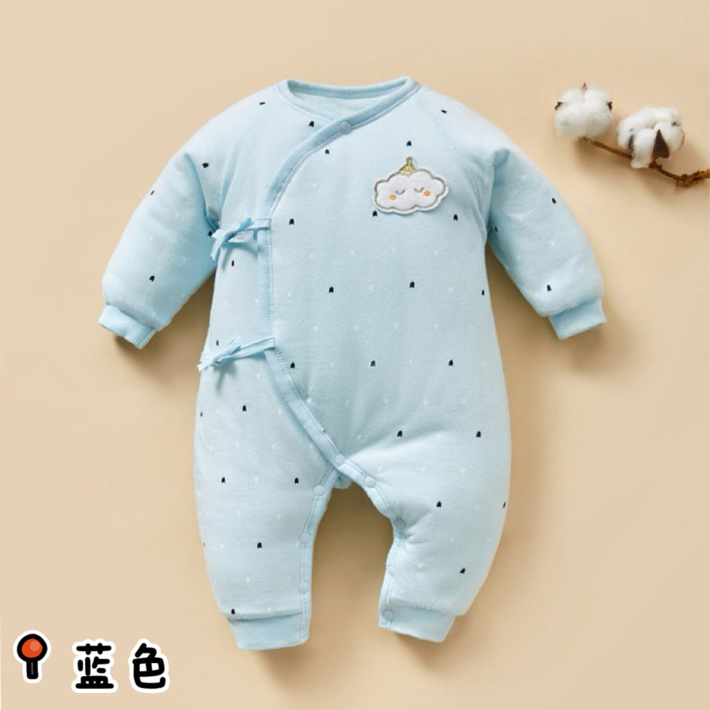 Winter baby lace up jumpsuit warm newborn clothes 0-3 baby pure cotton thick clip cotton clothes butterfly clothes