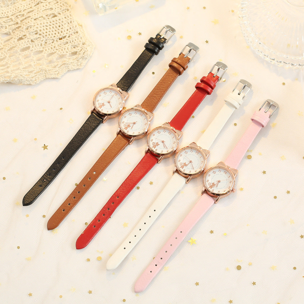 Spot direct selling kitten pattern women's fashion watch PU with small scale student minimalist quartz watch set