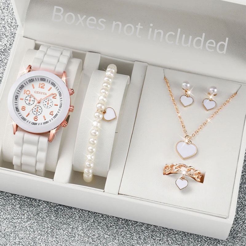 6PCS/Women's Watch Fashion Silicone Strap Quartz Watch Pearl Heart Jewelry Set (No Box)