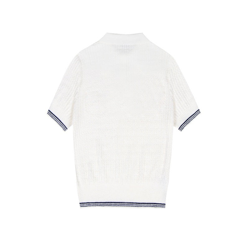 High-quality minimalist French-style white cotton shirt with short sleeves and buttons