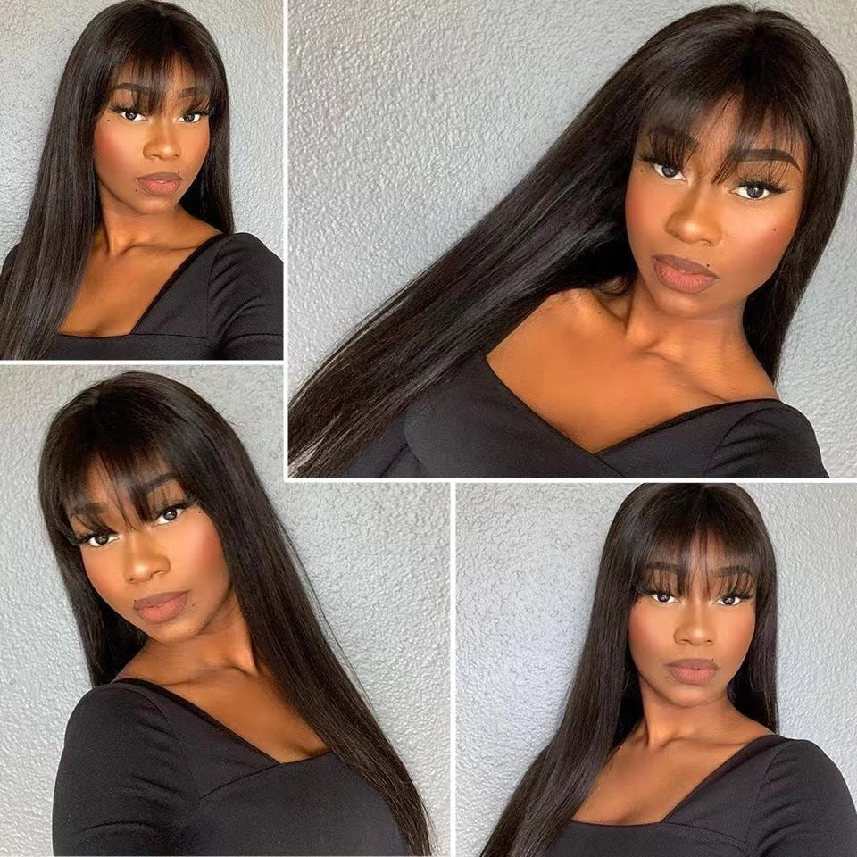 European and American new long straight hair, high-temperature silk, synthetic fiber mechanism headband, fashionable bangs, black long straight hair wholesale