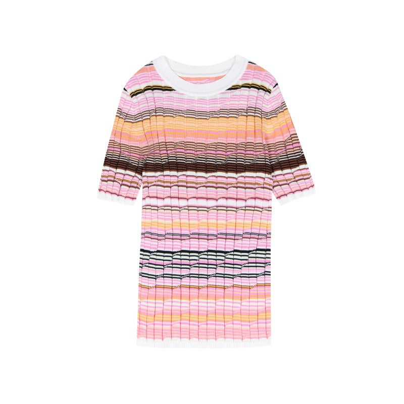 Elegant Italian-style striped knit blouse with a round neckline and short sleeves, made from high-quality cotton and Tencel