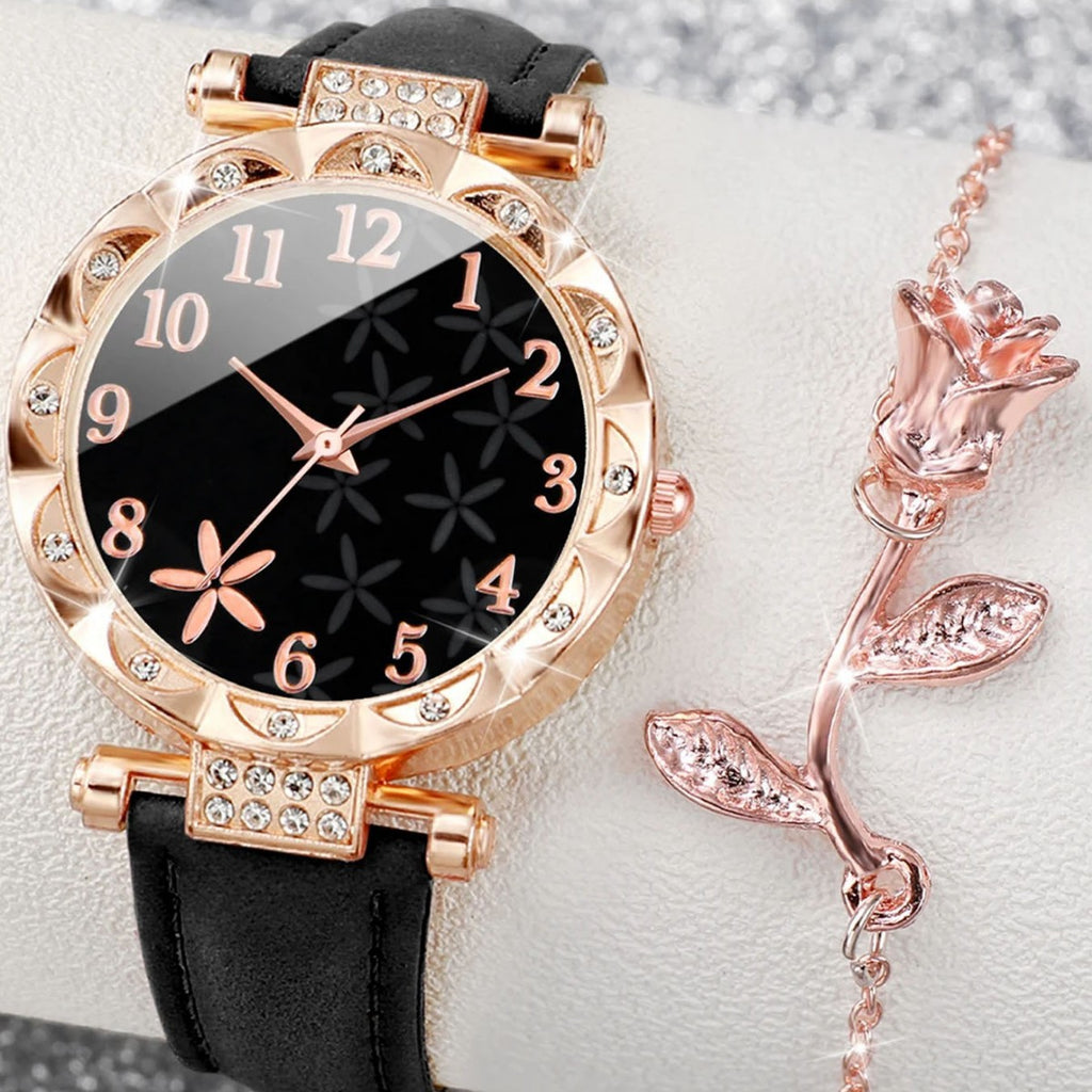 Minimalist quartz watch starfish belt+rose necklace, niche high-end temperament two-piece set
