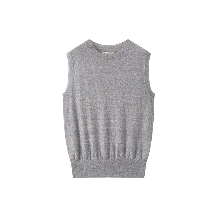Elegant sleeveless pullover with round neckline, made from high-quality wool and linen knit fabric