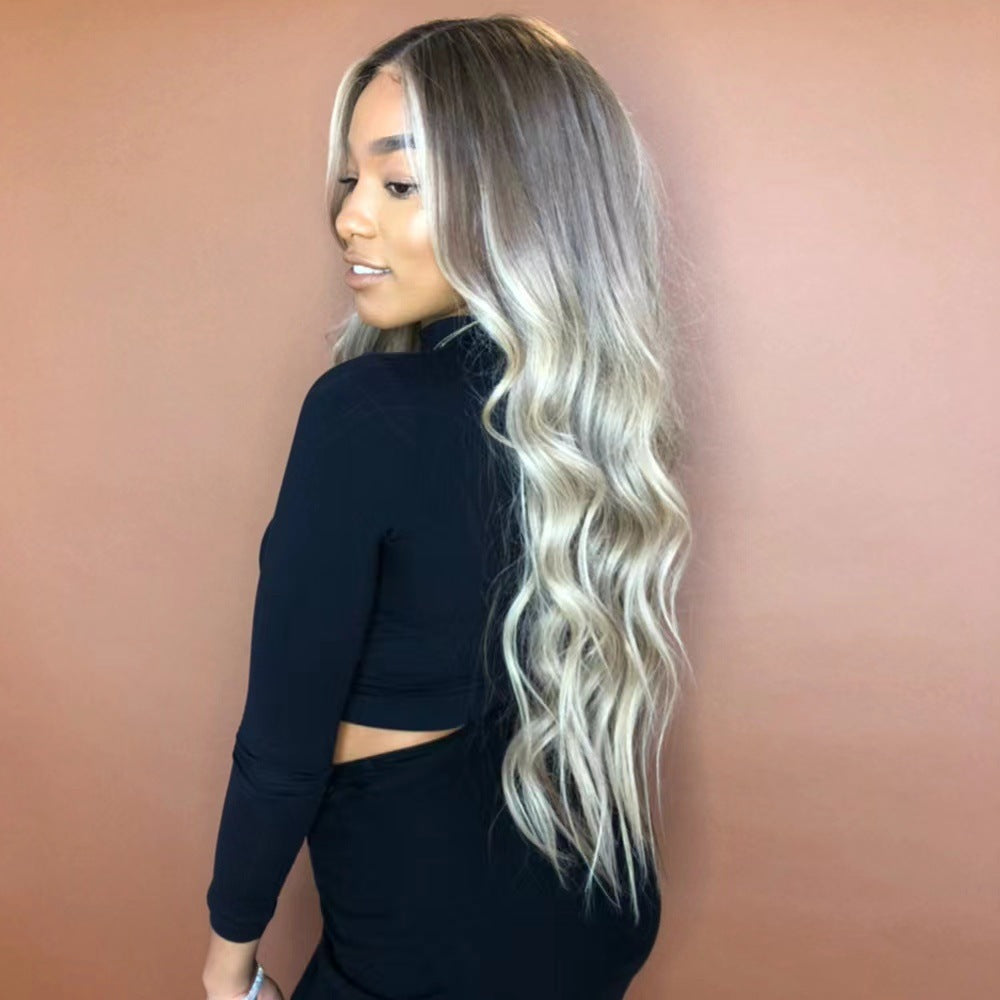 European and American wigs, synthetic hair tips, gradient dyeing, black and gold, medium split, large waves, long curly hair, factory direct sales