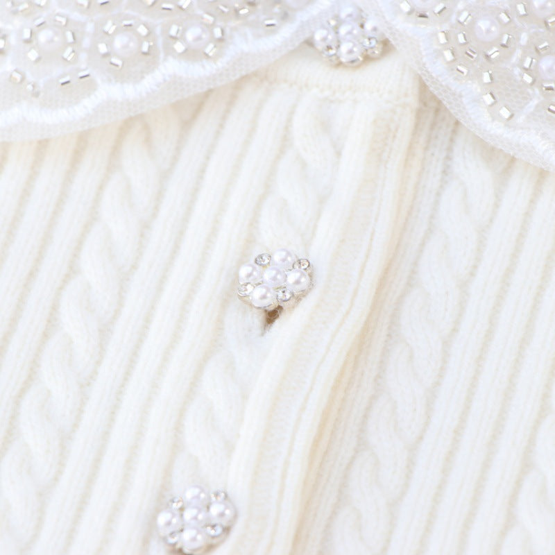 Elegant white polo shirt with high collar and short sleeves, embroidered, 100% high-quality wool