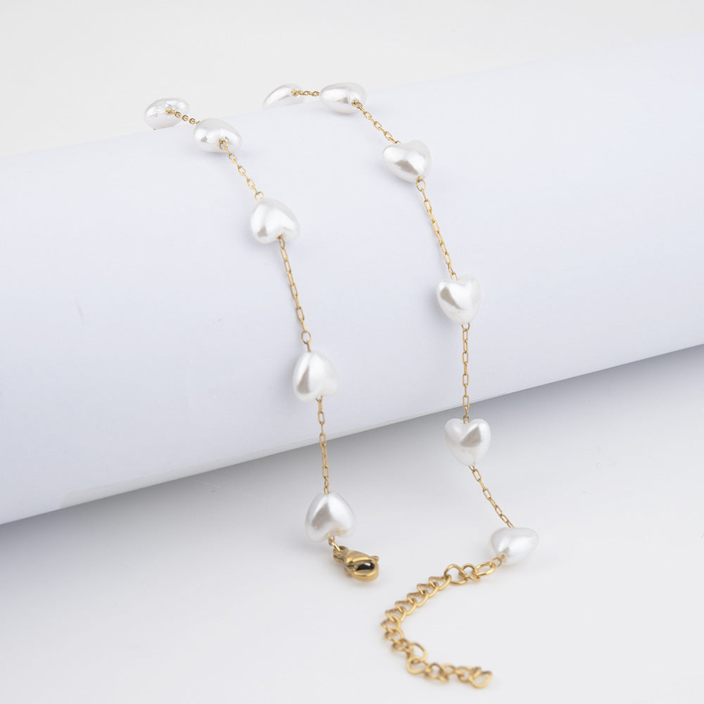 European and American fashion trends, sweet peach heart pearl bracelet accessories, personalized geometric love pearl necklace for women