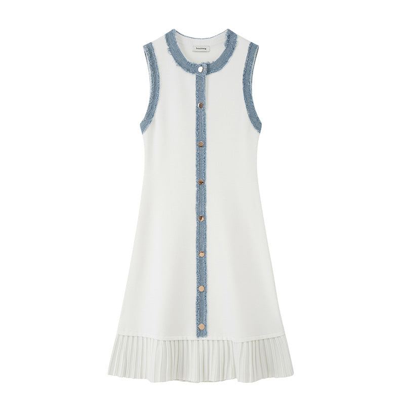 Elegant midi knit dress with round neckline, sleeveless, buttons, and pleats, high quality