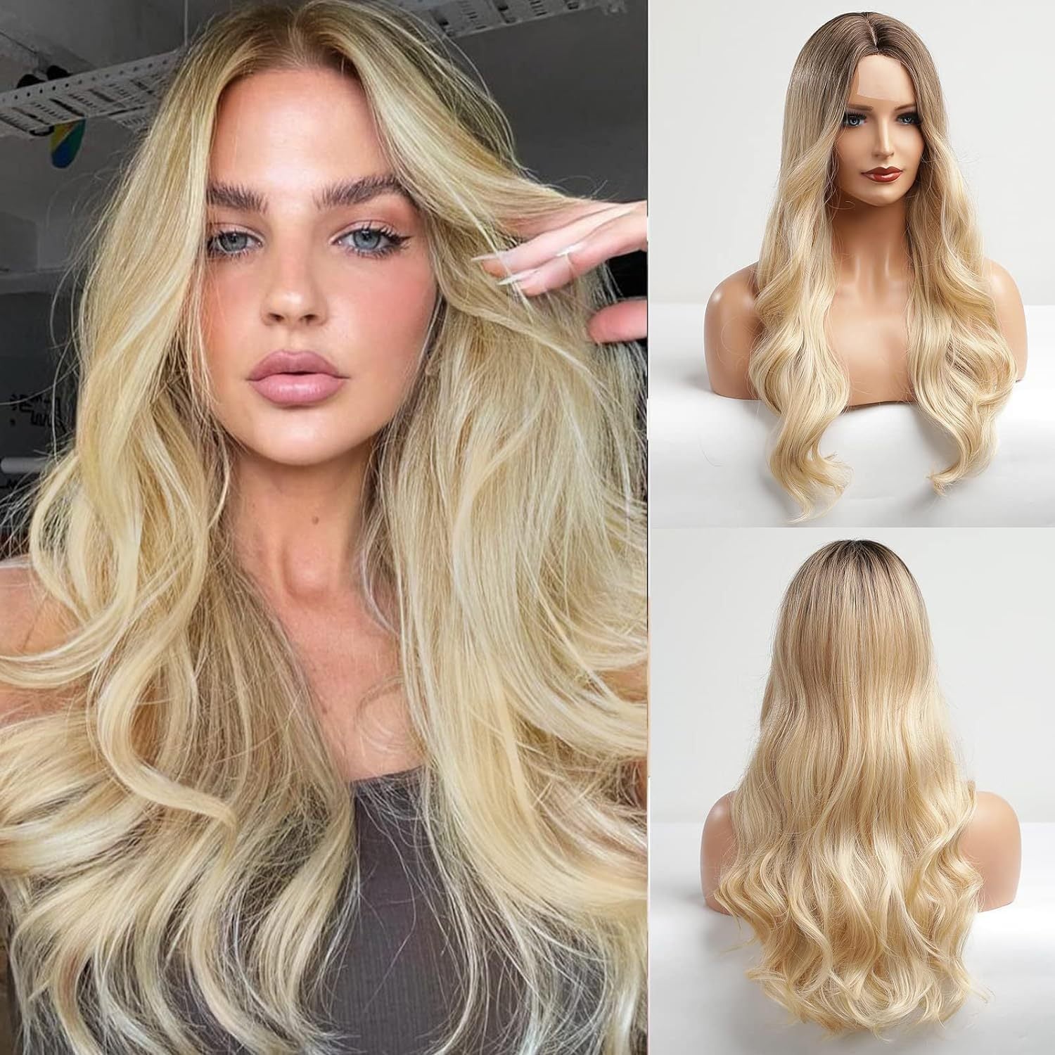 Amazon's new wig for women in Europe and America, front lace synthetic headband, small lace, medium split, long curly hair wigs