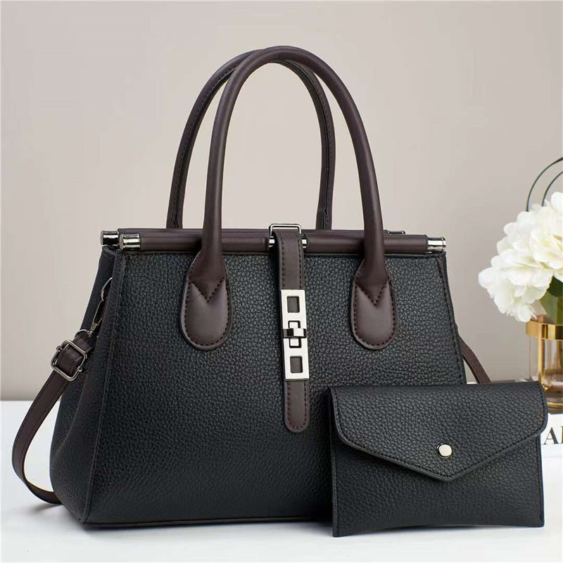 Trendy Bag 2025 New Color Contrasting Handbag Women's Lock Lock Design Texture Large Capacity Shoulder Bag Two Piece Set
