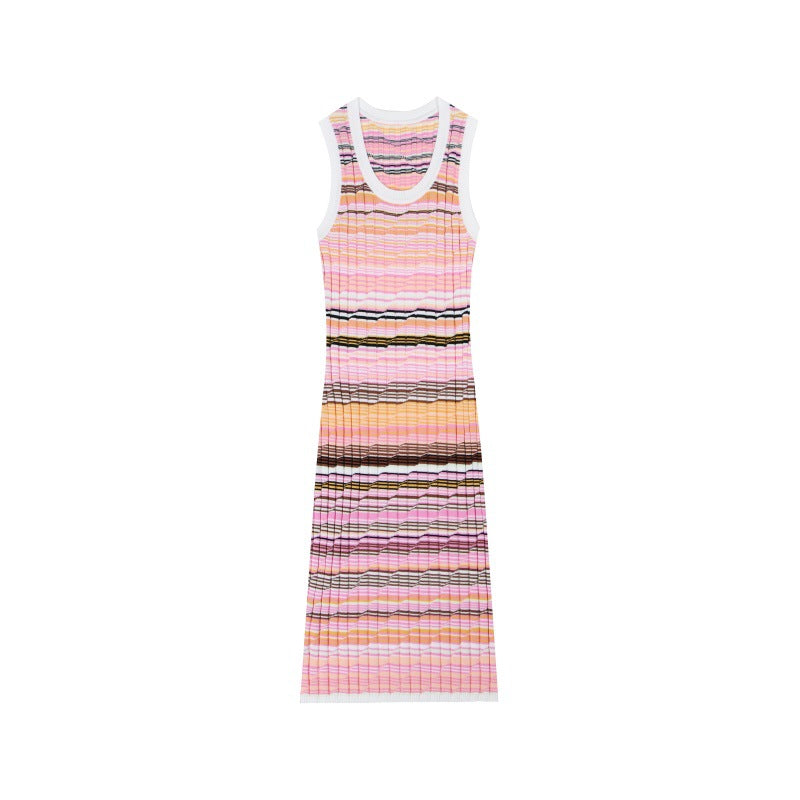 Sophisticated Italian fashion dress in striped cotton and tencel knit, sleeveless, round neckline, and mid-length