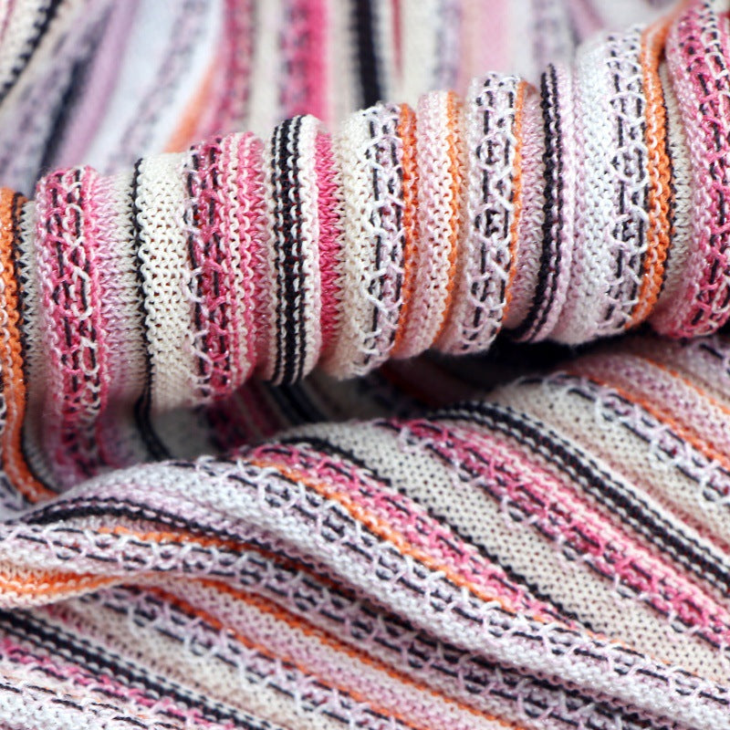 Sophisticated Italian-style striped knit dress with a round neckline, sleeveless, mid-length, high quality