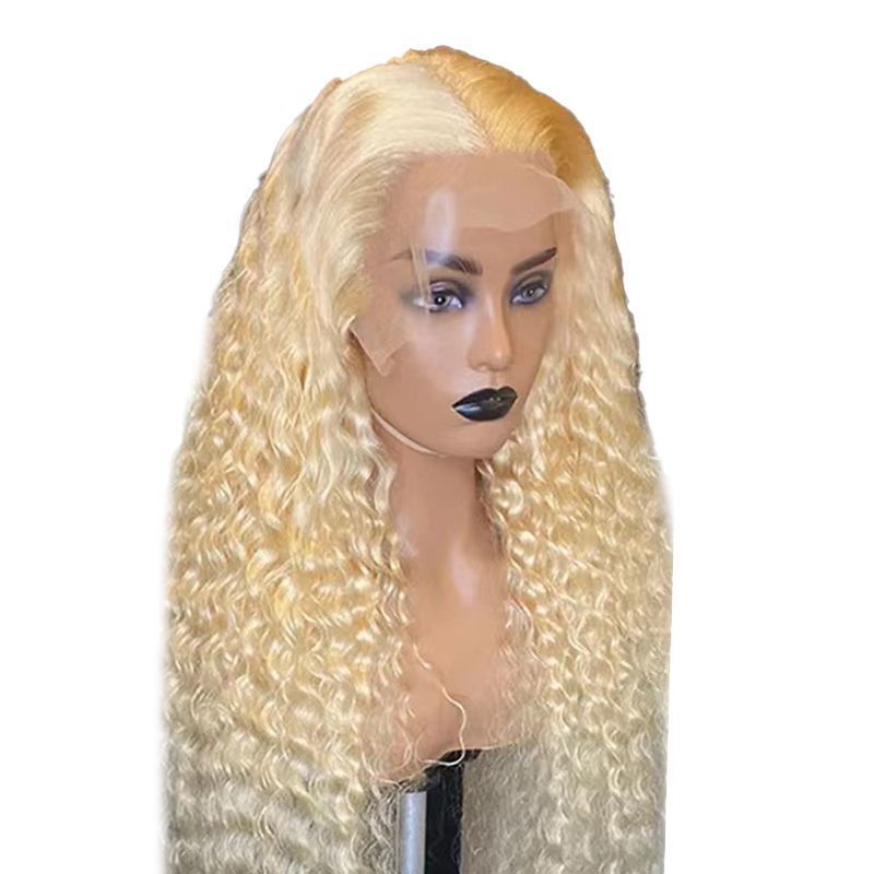 Front lace wig, European and American synthetic headband, light gold small roll, medium split, fluffy long roll hair, cross-border wig set