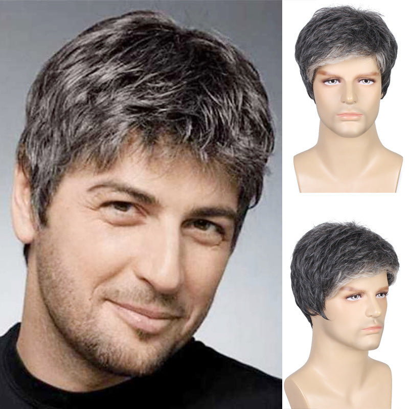 Cross border new European and American wig men's wig fluffy short hair mechanism chemical fiber headband manufacturer wholesale and hair agency