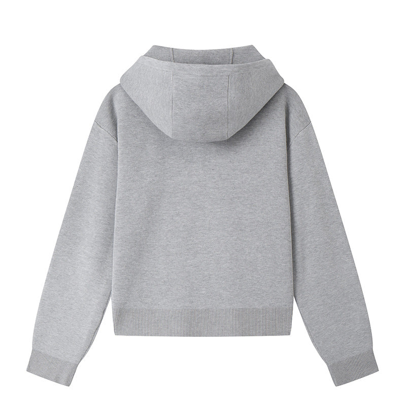 Stylish gray cardigan with hood, long sleeves, and zipper High-quality knit fabric
