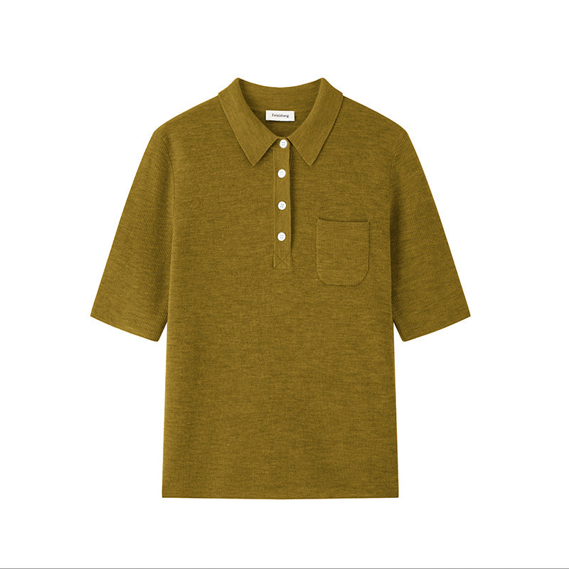 Stylish turtleneck sweater with short sleeves and buttons, 100% high-quality wool