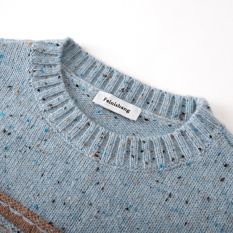 High-quality, stylish sweater with a round neckline, long sleeves, wool and mohair knit, striped, loose-fitting, and comfortable