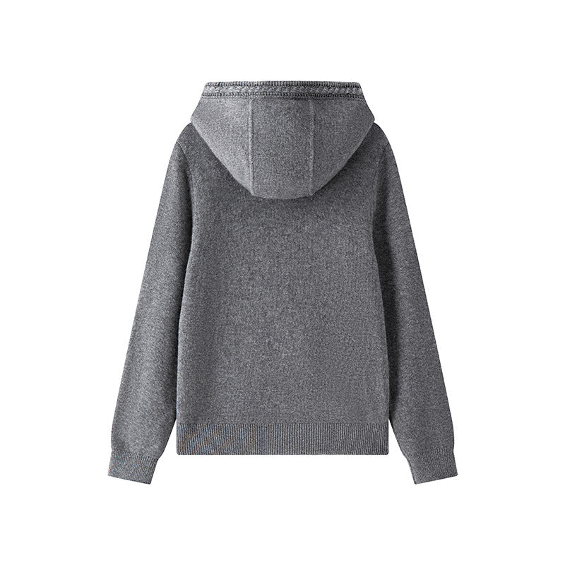 Stylish gray cardigan with hood and long sleeves made from cashmere wool