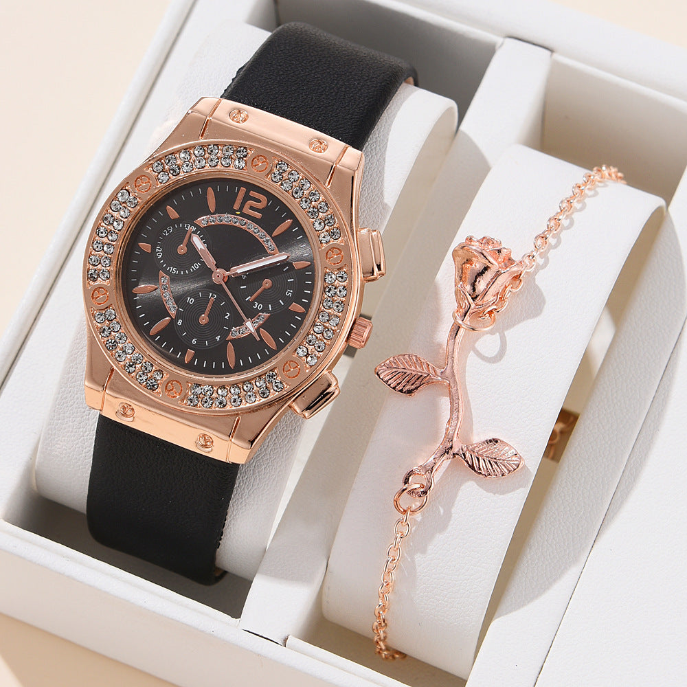 Cross border Korean version diamond studded fashionable PU watch strap watch simple watch bracelet two-piece set wholesale watch women's trend