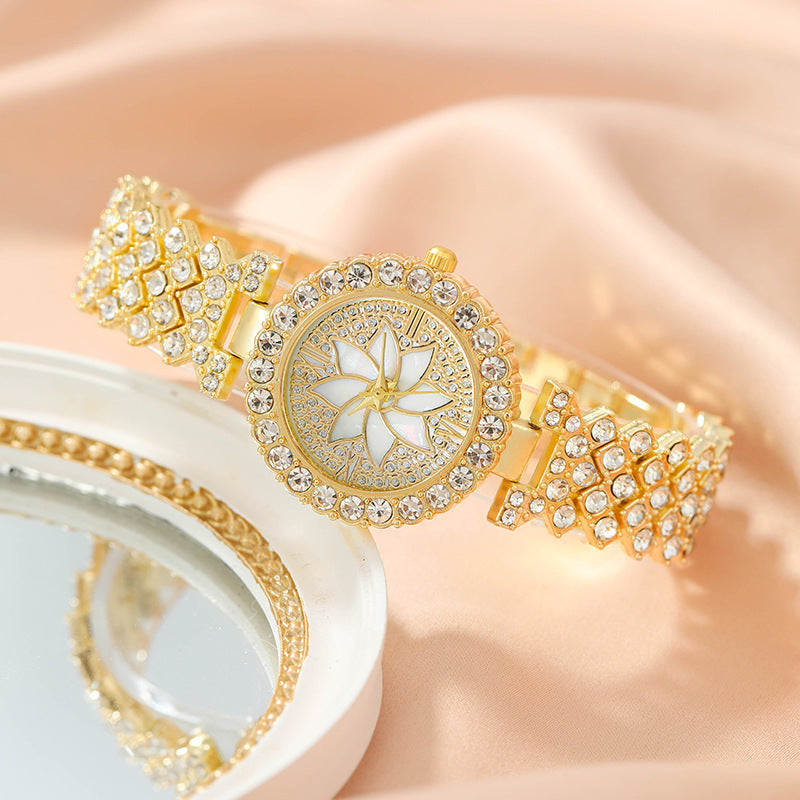 Cross border hot selling women's luxury full diamond compact five piece accessory set gift box versatile fashion quartz wrist watch