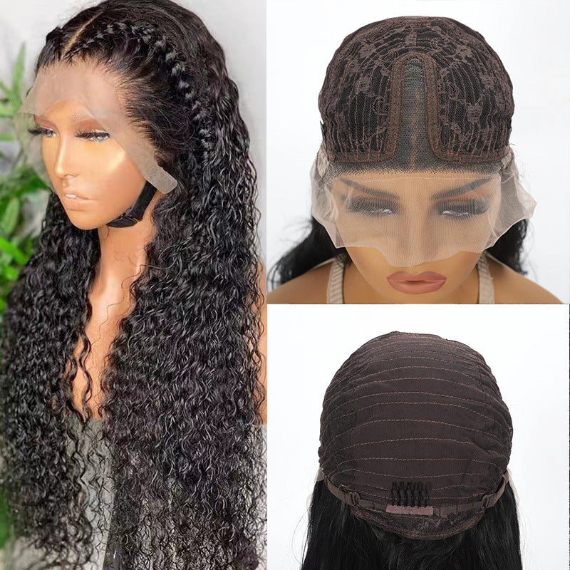 European and American women's wig front lace black long small curly hair African cross-border fashion mid split high temperature silk corn perm