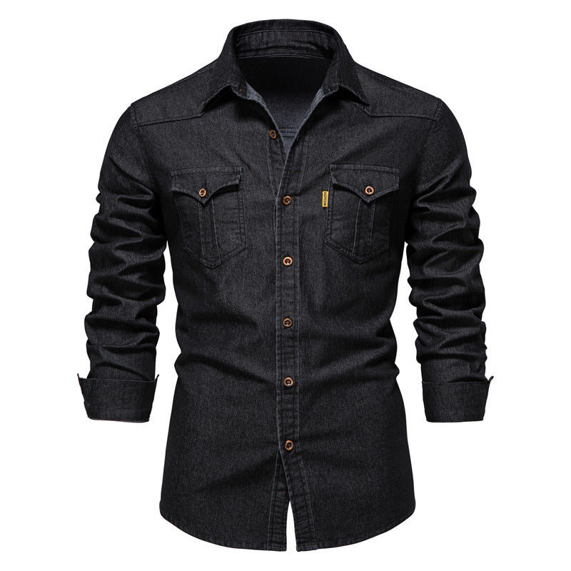 Men's Casual Solid Color Long Sleeve Denim Shirt Non-Ironing