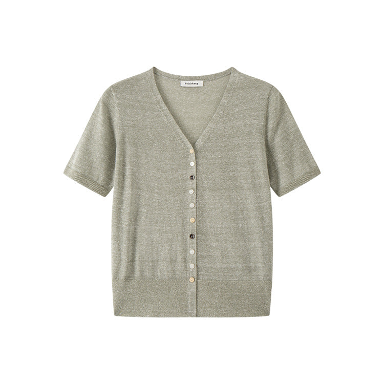 Lightweight wool and linen knit sweater with V-neck, short sleeves, and high-quality buttons