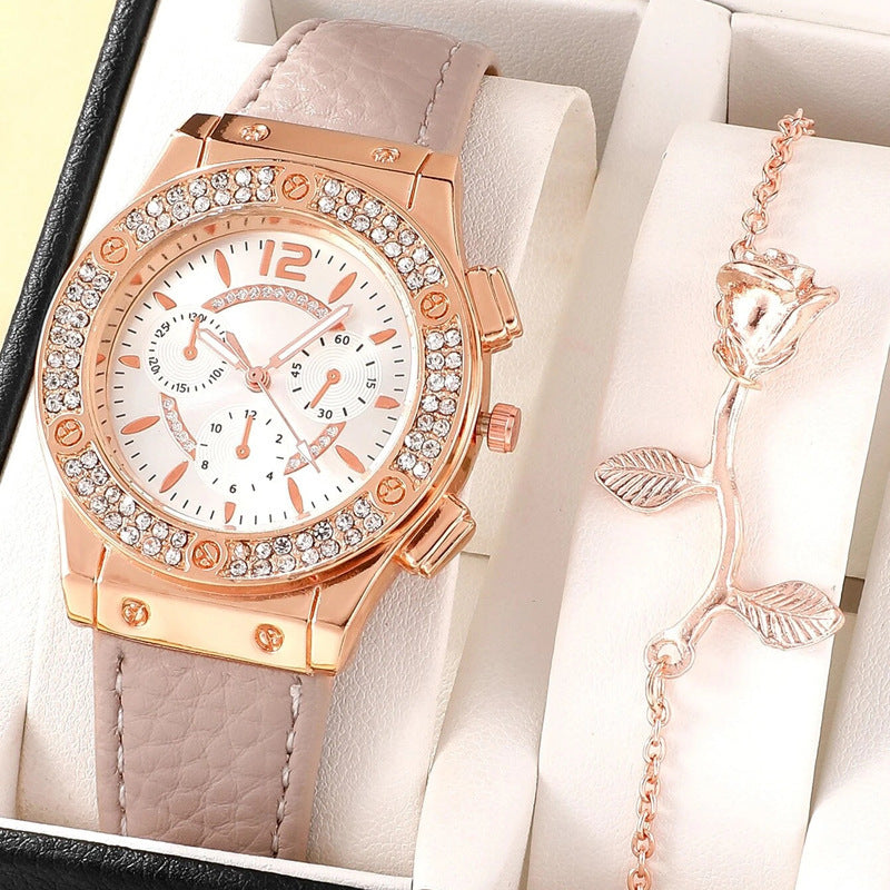 Cross border Korean version diamond studded fashionable PU watch strap watch simple watch bracelet two-piece set wholesale watch women's trend