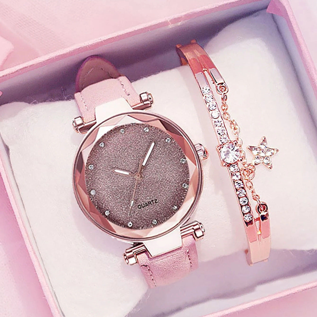 Hot selling silver powder rhinestone face women's watch with frosted leather strap for women's casual trend two-piece set watch