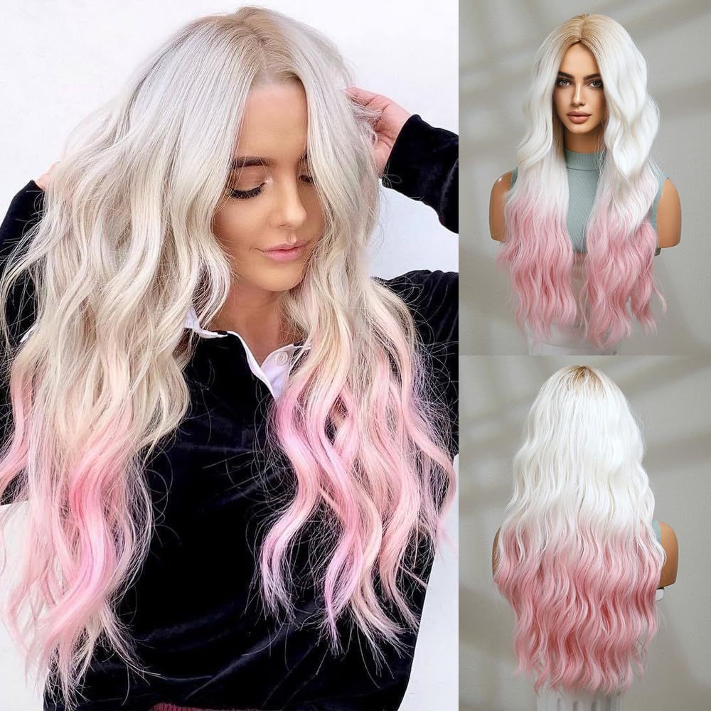 Cross border new products for European and American girls, including split long curly hair, simulated hair with gradient gold color, and pink long curly hair wholesale