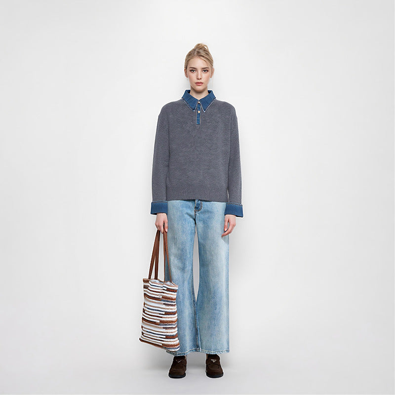 Stylish sweater with gray collar, 100% wool High-quality patchwork